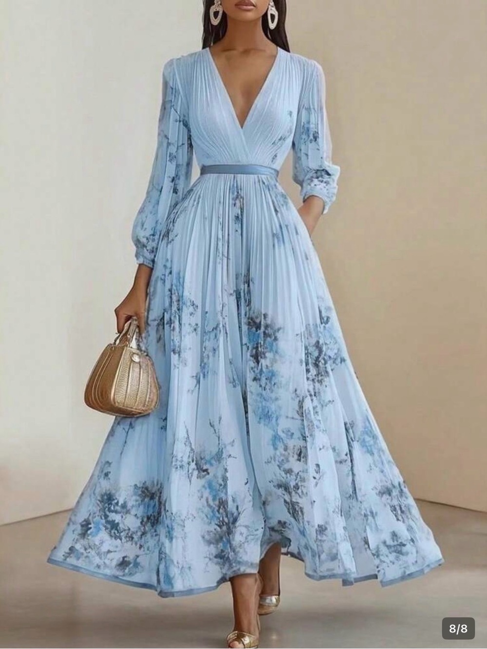 New Light Blue Floral Maxi Dress V-Neck Long Sleeve Print A-line Belted Waist L